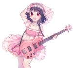  :d arm_up bang_dream! bangs bass_guitar black_hair blush choker collarbone crop_top earrings esp_guitars flower hair_flower hair_ornament hairband hand_on_own_head highres holding holding_instrument instrument jewelry looking_at_viewer open_mouth pink_flower pink_skirt poyo_(shwjdddms249) red_eyes short_hair short_sleeves simple_background skirt smile solo ushigome_rimi veil white_background white_choker white_hairband 