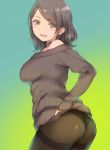  :d ass black_choker black_hair black_legwear breasts brown_eyes choker copyright_request deyuuku green_background grey_sweater long_sleeves looking_at_viewer looking_back medium_breasts medium_hair no_bangs off-shoulder_sweater open_mouth pantyhose ribbed_sweater smile solo sweater thighband_pantyhose 