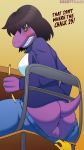 2018 angry anthro anus big_butt blush breasts butt clothed clothing clothing_lift deltarune desertkaiju dialogue digital_media_(artwork) dragon duo english_text female flashing hair hi_res human kris_(deltarune) lizard looking_back mammal pussy reptile scalie sharp_teeth solo_focus susie_(deltarune) teeth text tomboy undertale video_games 