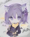  :o animal_ear_fluff animal_ears bangs bat blush bow chibi cottontailtokki dress grey_background hair_between_eyes hands_up highres holding holding_wand long_sleeves looking_at_viewer original parted_lips puffy_long_sleeves puffy_sleeves purple_dress purple_eyes purple_hair silk sleeves_past_wrists solo sparkle spider_web striped striped_bow wand white_bow yellow_bow 