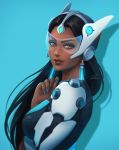  black_hair blue_nails brown_eyes commentary_request dark_skin earrings headgear jewelry lips long_hair looking_at_viewer mechanical_arm nail_polish nose overwatch portrait signature simple_background solo symmetra_(overwatch) umigraphics visor 