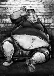  anthro aokmaidu beanie bear belly beverage big_belly brick_wall clothed clothing cola drinking facial_hair fur goatee greyscale hair hat holding_beverage holding_object male mammal midriff monochrome navel obese obese_male open_hoodie overweight overweight_male pick_(kikatsu) polar_bear shorts sitting skateboard sneakers solo 