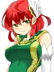  ahoge blush breasts dress elbow_gloves feathers fire_emblem fire_emblem:_rekka_no_ken gloves green_dress green_eyes hair_feathers large_breasts lips looking_at_viewer priscilla_(fire_emblem) red_hair short_hair simple_background smile solo twitter_username upper_body white_background white_gloves yukia_(firstaid0) 
