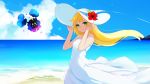  bangs bare_shoulders beach blonde_hair cloud cosmog day dress flower gen_7_pokemon green_eyes hand_on_headwear hat hat_flower hibiscus lillie_(pokemon) long_dress long_hair looking_at_viewer ocean outdoors pokemon pokemon_(creature) pokemon_(game) pokemon_sm shito_zhizhen sky smile sun_hat sundress very_long_hair white_dress white_hat wind 