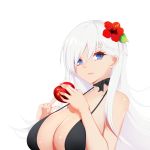  apple azur_lane bangs belfast_(azur_lane) bikini black_bikini black_ribbon blue_eyes braid breasts closed_eyes flower food fruit hair_flower hair_ornament halter_top halterneck hibiscus holding holding_food holding_fruit large_breasts long_hair looking_at_viewer nail_polish neck_ribbon pink_nails ribbon shito_zhizhen simple_background solo strap_gap swimsuit upper_body white_background white_hair 