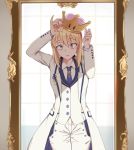  ahoge arthur_pendragon_(fate) artoria_pendragon_(all) blonde_hair blue_neckwear commentary cosplay cowboy_shot crown fate/grand_order fate_(series) flower formal genderswap genderswap_(mtf) green_eyes long_sleeves looking_at_mirror looking_at_viewer mario_(series) mirror necktie new_super_mario_bros._u_deluxe open_mouth pants reflection rose ryu_jiao saber solo suit super_crown transformation white_coat white_flower white_pants white_rose_(fate/grand_order) 