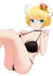  alternate_hair_length alternate_hairstyle ass bikini black_bikini black_choker black_nails blonde_hair blue_eyes bowsette breasts choker crown frilled_bikini_top horns large_breasts looking_at_viewer mario_(series) nail_polish new_super_mario_bros._u_deluxe shito_zhizhen short_hair simple_background solo strap_gap super_crown swimsuit white_background 