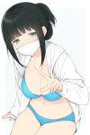  bikini blue_bikini breasts cleavage commentary green_eyes half_updo hassu highres hood hood_down hoodie large_breasts long_hair looking_at_viewer navel nekoume open_clothes open_hoodie short_ponytail sidelocks sitting solo ssss.gridman surgical_mask swimsuit v white_hoodie 