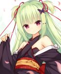  bangs bare_shoulders black_kimono butterfly_hair_ornament cariboy closed_mouth commentary_request eyebrows_visible_through_hair fingernails green_hair hair_ornament hair_ribbon hand_up head_tilt japanese_clothes kimono long_hair long_sleeves murasame_(senren) obi off_shoulder petals pinching_sleeves red_eyes red_ribbon ribbon sash senren_banka sidelocks sleeves_past_wrists smile solo two_side_up upper_body white_background 