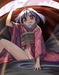  :p ahoge arm_up bangs blush check_commentary commentary commentary_request eyebrows_visible_through_hair feet_out_of_frame hair_intakes highres japanese_clothes kimono long_sleeves looking_at_viewer needle no_hat no_headwear no_panties obi partially_visible_vulva purple_hair red_eyes red_kimono sash shope sitting smile solo spread_legs sukuna_shinmyoumaru thighs tongue tongue_out touhou wide_sleeves 