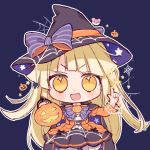 1girl :d bang_dream! bangs basket black_bow black_hat blonde_hair bow bowtie chibi dress halloween_costume hat hat_bow index_finger_raised jack-o'-lantern long_hair long_sleeves looking_at_viewer michelle_(bang_dream!) open_mouth outline overskirt poyo_(shwjdddms249) purple_bow purple_neckwear smile solo spider_hair_ornament spider_web_print striped striped_bow striped_neckwear tsurumaki_kokoro v-shaped_eyebrows white_outline witch witch_hat yellow_eyes 