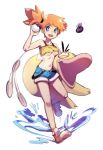  blue_eyes breasts denim denim_shorts full_body gen_1_pokemon holding holding_poke_ball kasumi_(pokemon) medium_breasts no_bra one_side_up orange_hair poke_ball poke_ball_(generic) pokemon pokemon_(anime) pokemon_(classic_anime) pokemon_(creature) psyduck sho-n-d shoes shorts sneakers underboob 