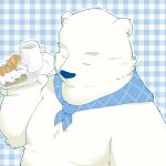  2018 anthro bear belly drinks eyes_closed food fur furball_shirokm humanoid_hands male mammal overweight overweight_male polar_bear shirokuma shirokuma_cafe simple_background solo white_fur 