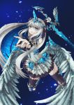  armor armored_dress bangs blue_eyes choker commentary_request crystar determinist hair_ornament hatada_rei highres long_hair nail_polish rapier silver_hair solo sword tears weapon wings 