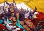  animal animal_ears blue_eyes breasts dark_skin deanna_2 fate/grand_order fate_(series) high_heels hood horns large_breasts long_hair purple_hair queen_of_sheba_(fate/grand_order) smile thighhighs 