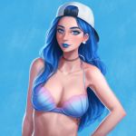  backwards_hat baseball_cap bikini blue_background blue_eyes blue_eyeshadow blue_hair blue_lipstick breasts choker cleavage commentary_request eyeshadow freckles hat lips lipstick long_hair looking_at_viewer makeup nose original simple_background solo swimsuit tattoo umigirl_(umigraphics) umigraphics upper_body 