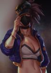  akali blue_eyes bracelet breasts brown_hair choker cleavage commentary hat_tip highres idol jacket jewelry k/da_(league_of_legends) k/da_akali league_of_legends looking_at_viewer mask medium_breasts midriff navel open_clothes overgank ponytail solo tied_hair 
