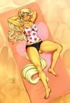  2018 anthro anthrofied applejack_(mlp) beach blonde_hair blush breasts cleavage clothed clothing cutie_mark earth_pony edit equine female freckles friendship_is_magic fur green_eyes hair hands_behind_head horse lying mammal my_little_pony on_back orange_fur pia-sama pony pose seaside solo swimsuit tankini towel 