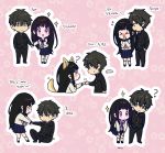  &gt;_&lt; 1boy 1girl :d ? animal_ear_fluff animal_ears bangs black_footwear black_hair black_jacket black_pants blue_sailor_collar blue_skirt blush chibi chitanda_eru closed_eyes closed_mouth covering_mouth dog_ears dog_girl dog_tail eyebrows_visible_through_hair flying_sweatdrops gakuran green_eyes hair_between_eyes holding_hand hyouka jacket kemonomimi_mode kneehighs korean loafers long_hair mery_(apfl0515) multiple_views neckerchief nose_blush open_mouth oreki_houtarou outline own_hands_together pants pleated_skirt profile purple_eyes purple_neckwear sailor_collar school_uniform serafuku shirt shoes sitting skirt smile sparkle spoken_ellipsis sweat tail tail_raised translation_request very_long_hair white_legwear white_outline white_shirt 