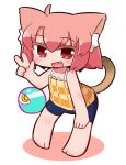  :d ahoge animal_ear_fluff animal_ears bangs bare_arms bare_shoulders barefoot bike_shorts blue_shorts blush camisole cat_ears cat_girl cat_tail chibi collarbone colored_eyelashes commentary_request eroneko-san eyeball eyebrows_visible_through_hair fang full_body hair_between_eyes hand_on_leg hand_up highres leaning_forward naga_u open_mouth original red_eyes red_hair short_shorts shorts smile solo standing tail tail_raised v white_background 