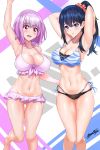  armpits arms_behind_head arms_up bangs bare_shoulders bikini black_bikini black_hair blue_bikini blue_eyes blush breasts cleavage collarbone commentary_request hair_between_eyes highres hips large_breasts lavender_hair layered_bikini long_hair looking_at_viewer navel nez-kun open_mouth parted_lips ponytail purple_bikini red_eyes scrunchie shinjou_akane short_hair signature smile ssss.gridman striped_bikini_top swimsuit takarada_rikka thighs 