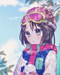  :o bang_dream! bangs beanie black_hair blue_eyes blush breath coat day gloves goggles goggles_on_head hair_ornament hairclip hat medium_hair okusawa_misaki outdoors pink_gloves pink_hat pom_pom_(clothes) poyo_(shwjdddms249) scarf snow solo upper_body winter_clothes 