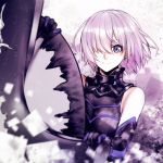  black_gloves elbow_gloves eyebrows_visible_through_hair fate/grand_order fate_(series) floating_hair gloves looking_at_viewer mash_kyrielight purple_eyes shield shiny shiny_hair short_hair silver_hair smile solo upper_body yaoshi_jun 