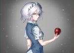  apple blouse blue_vest bow braid closed_mouth commentary food fruit green_bow grey_background grey_eyes hair_bow highres holding holding_food holding_fruit izayoi_sakuya light_particles maid_headdress silver_hair solo teraguchi touhou twin_braids upper_body vest white_blouse 