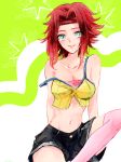  aqua_eyes bare_shoulders breasts cleavage code_geass collarbone commentary_request crop_top crop_top_overhang flipped_hair headband ilohasvio kallen_stadtfeld messy_hair midriff navel red_hair short_hair shorts smile solo spaghetti_strap stomach strap_slip thighhighs 
