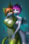  anthro barely_visible_genitalia barely_visible_pussy blush breasts canine domination duo feathered_wings feathers febii female female/female heterochromia hybrid mammal nipples open_mouth pussy smile standing va_art wide_hips wings 