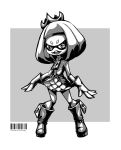  bangs barcode blunt_bangs bob_cut crown dress fang forehead full_body gloves greyscale highres hime_(splatoon) kurage_(capsule-rimix) mole mole_under_mouth monochrome short_eyebrows solo splatoon_(series) splatoon_2 tentacle_hair zipper_pull_tab 