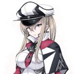  anchor blonde_hair breasts capelet celtic_knot commentary_request cross graf_zeppelin_(kantai_collection) grey_eyes hair_between_eyes hat highres iron_cross kantai_collection large_breasts long_sleeves military military_hat military_uniform necktie peaked_cap sidelocks simple_background solo tk8d32 twintails uniform upper_body white_background white_hat 