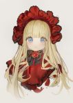  bangs black_bow blonde_hair blue_eyes blunt_bangs bow capelet eyebrows_visible_through_hair flower grey_background hair_down head_tilt highres long_hair mullpull parted_lips red_capelet red_flower red_rose rose rozen_maiden shinku signature simple_background sketch solo very_long_hair 