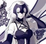  black_gloves breasts cleavage collarbone elbow_gloves eyebrows_visible_through_hair fate/grand_order fate_(series) fur_trim gloves headpiece jeanne_d'arc_(alter)_(fate) jeanne_d'arc_(fate)_(all) long_hair looking_at_viewer medium_breasts parted_lips sideboob silver_hair solo upper_body very_long_hair white_background yaoshi_jun yellow_eyes 