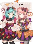  :d absurdres alternate_hairstyle aqua_hair bang_dream! bangs beige_background black_bow black_legwear black_neckwear black_ribbon blush bow bowtie breast_tattoo breasts candy_earrings candy_hair_ornament churi_(oxxchurixxo) claw_pose cleavage clenched_hand cross-laced_clothes crown demon_horns double_bun dress fang food_themed_hair_ornament frills fur_collar ghost gloves green_eyes hair_bow hair_ornament hair_ribbon hairband halloween halloween_costume hand_up hands_up head_wings heart highres hikawa_hina horns jack-o'-lantern jack-o'-lantern_hair_ornament jack-o'-lantern_print long_hair looking_at_viewer maruyama_aya mini_crown mismatched_legwear multiple_girls musical_note navel_cutout open_mouth overskirt pennant pink_eyes pink_gloves pink_hair pink_ribbon polka_dot polka_dot_bow polka_dot_dress purple_bow purple_gloves purple_ribbon red_ribbon ribbon short_hair short_sleeves small_breasts smile spoken_heart spoken_musical_note string_of_flags striped striped_legwear tattoo thighhighs vertical-striped_dress vertical_stripes 