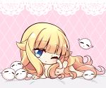  :&lt; :o =_= bangs bed_sheet beelzebub-jou_no_okinimesu_mama. beelzebub_(beelzebub-jou) blonde_hair blue_eyes blunt_bangs blush breasts chibi closed_eyes closed_mouth collarbone commentary_request eyebrows_visible_through_hair hair_censor hair_flaps hair_over_breasts head_tilt large_breasts long_hair looking_at_viewer lying navel nude on_stomach one_eye_closed parted_lips pink_background shachoo. solo very_long_hair 
