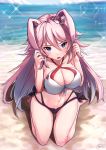  animal_ears bangs bare_legs bare_shoulders beach benghuai_xueyuan bikini blue_eyes blue_sky blurry blurry_background blush breasts bunny_ears cleavage cloud collarbone commentary_request criss-cross_halter day ekusufeito hair_between_eyes hair_ornament halter_top halterneck highres holding_ears honkai_impact large_breasts long_hair looking_at_viewer navel ocean open_mouth outdoors pink_hair sand seiza shiny shiny_skin side-tie_bikini sidelocks signature sitting sky solo sparkle stomach swimsuit very_long_hair yae_sakura_(benghuai_xueyuan) 