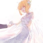  1girl artoria_pendragon_(all) blonde_hair breasts cleavage covered_navel dress eyebrows_visible_through_hair fate/stay_night fate_(series) gloves hair_between_eyes hair_ornament highres jewelry kamiowl long_dress necklace open_mouth saber short_hair sidelocks simple_background sleeveless sleeveless_dress standing strapless strapless_dress wedding_dress white_background white_dress white_gloves 