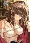  bangs bare_shoulders blue_eyes blush book bookshelf breasts brown_hair brown_hairband closed_mouth collarbone commentary_request eyebrows_visible_through_hair flower hair_between_eyes hairband hand_up head_tilt idolmaster idolmaster_cinderella_girls indoors long_hair looking_at_viewer medium_breasts migimaki_(migi_mawashi) off-shoulder_sweater open_book plaid ribbed_sweater sagisawa_fumika solo sweater white_flower 