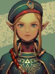  artist_name bellhenge blonde_hair blue_eyes blue_hat closed_mouth commentary earrings emblem eyebrows forehead hat jewelry link lips male_focus military military_uniform pointy_ears portrait rope short_hair_with_long_locks solo the_legend_of_zelda the_legend_of_zelda:_breath_of_the_wild triforce uniform v-shaped_eyebrows 