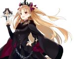  :d asymmetrical_legwear azuuru black_bow black_dress black_nails black_sleeves blonde_hair blue_legwear blush bow brown_hair diadem dress earrings ereshkigal_(fate/grand_order) eyebrows_visible_through_hair fate/grand_order fate_(series) floating_hair hair_bow hand_on_hip highres index_finger_raised ishtar_(fate/grand_order) jewelry long_hair long_sleeves looking_at_viewer minigirl multiple_girls nail_polish open_mouth red_bow red_eyes simple_background single_thighhigh smile standing sweatdrop thighhighs twintails very_long_hair white_background 