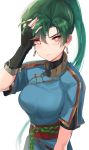  arm_up blush breasts closed_mouth dress earrings eyebrows_visible_through_hair fingerless_gloves fire_emblem fire_emblem:_rekka_no_ken gloves glowing glowing_eyes green_hair hand_in_hair highres jewelry large_breasts long_hair looking_at_viewer lyndis_(fire_emblem) ormille ponytail red_eyes rope_belt sash shirt_under_dress short_sleeves simple_background solo super_smash_bros. super_smash_bros._ultimate turtleneck upper_body very_long_hair white_background 