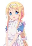  :d alice_schuberg apron bangs blonde_hair blue_dress blue_eyes blush bow braid commentary dress eyebrows_visible_through_hair frilled_apron frills hair_between_eyes hair_bow head_tilt highres jd_(bibirijd) long_hair open_mouth puffy_short_sleeves puffy_sleeves short_sleeves sidelocks single_braid smile solo sword_art_online upper_body v_arms very_long_hair white_apron white_bow 