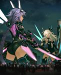  aqua_eyes ass bare_shoulders black_heart blue_eyes braid breasts choujigen_game_neptune cleavage cleavage_cutout commentary_request from_behind giantess gloves hair_ornament highres leotard long_hair medium_breasts multiple_girls nepgear neptune_(series) power_symbol purple_hair purple_heart segamark sword symbol-shaped_pupils twin_braids very_long_hair weapon white_hair 