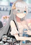  anastasia_(fate/grand_order) arm_strap blue_eyes blurry blurry_background breasts cleavage eyebrows_visible_through_hair fate/grand_order fate_(series) floating_hair hair_over_one_eye hairband holding itabag jewelry kadoc_zemlupus long_hair medium_breasts necklace silver_hair smile solo strapless upper_body very_long_hair you2_ug 