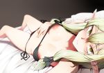  bangs bare_legs bikini black_bikini blush bow breasts closed_mouth collarbone commentary_request elf goblin_slayer! green_eyes green_hair hair_bow hand_on_own_stomach high_elf_archer_(goblin_slayer!) long_hair looking_at_viewer lying navel nipple_slip nipples on_back pointy_ears ryu_jiao side-tie_bikini sidelocks small_breasts solo swimsuit 