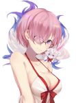  animal animal_on_shoulder artist_name black-framed_eyewear breasts cleavage collarbone fate/grand_order fate_(series) fou_(fate/grand_order) glasses hair_over_one_eye highres liyuchen1126 looking_at_viewer mash_kyrielight medium_breasts pink_hair purple_eyes shiny shiny_hair short_hair sideboob simple_background sleeves solo upper_body white_background 