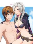  1girl :d bandana belt bikini black_bikini black_cape black_gloves blush breasts brown_eyes brown_hair cape cleavage collarbone couple female_my_unit_(fire_emblem:_kakusei) fire_emblem fire_emblem:_kakusei gaia_(fire_emblem) gloves green_eyes groin hand_on_another's_shoulder jewelry long_hair medium_breasts mejiro my_unit_(fire_emblem:_kakusei) navel necklace o-ring o-ring_bikini open_mouth silver_hair smile strapless strapless_bikini swimsuit twintails underboob 