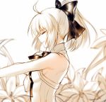  ahoge artoria_pendragon_(all) black_bow black_ribbon bow breasts choker closed_eyes eyebrows_visible_through_hair fate/unlimited_codes fate_(series) flower from_side hair_between_eyes hair_bow high_ponytail lily_(flower) long_hair neck_ribbon ribbon saber_lily sideboob silver_hair small_breasts smile solo upper_body white_background white_flower yaoshi_jun 