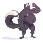  2018 anthro belly big_belly big_muscles blush bulge clothing deep_navel digital_media_(artwork) fur hair male mammal mephitid muscular navel nipples overweight overweight_male pawpads pecs plum_(artist) salute simple_background skunk solo underwear 